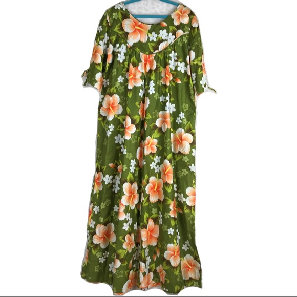 Vtg Ui-Maikai Green Hawaiian Floral Dress M *Read - Picture 4 of 8